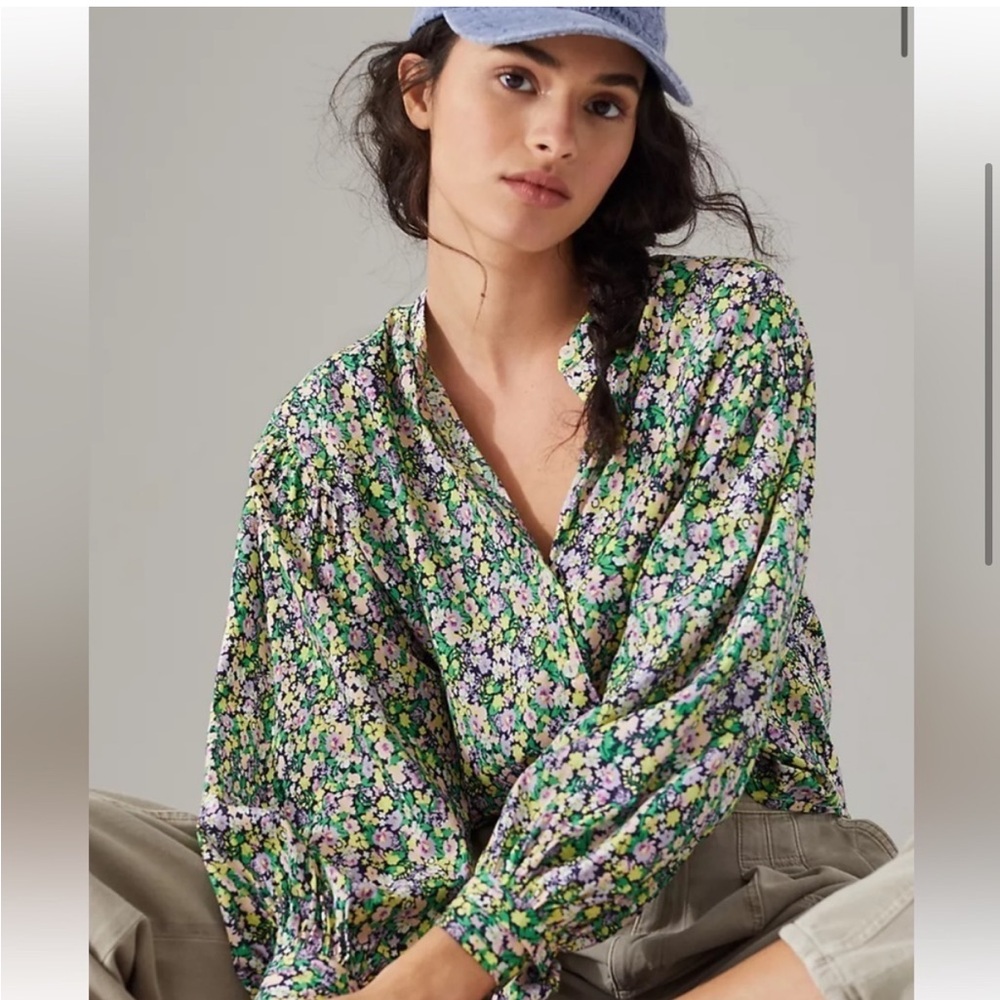 Maeve by Anthropologie Floral Print Button Down Puff Sleeve Blouse
